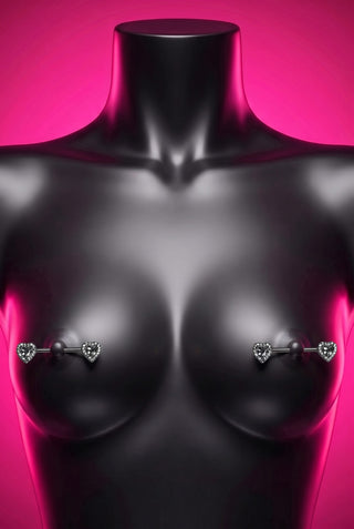 DOBLE TROUBLE en plata — piercing de pezón con corazones de cristales