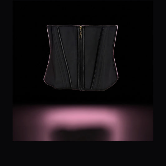 Faja BLACKOUT SCULPT de Baddie Glam PR, corset de cintura en látex negro con cierre frontal de zipper