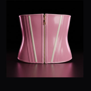 Faja BADDIE PINK de Baddie Glam PR vista de frente, corset de cintura en látex rosa con cierre frontal de zipper y varillas verticales